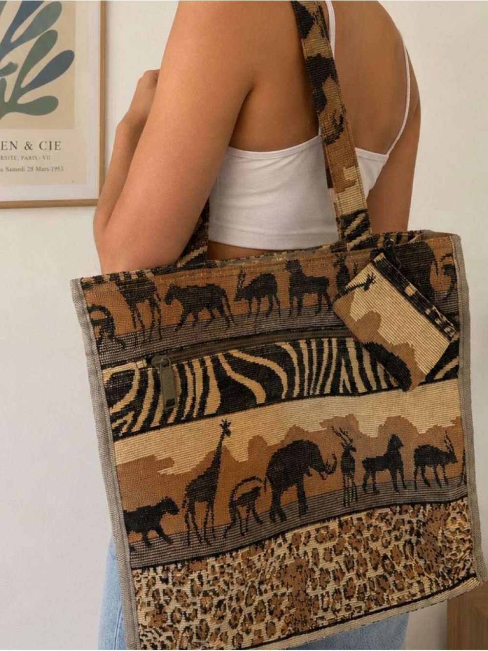 Woven Safari Animal Tote Bag in Brown